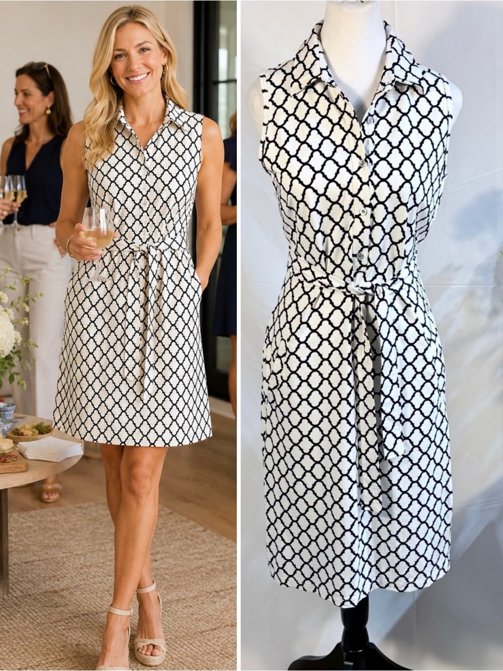 J.McLaughlin Catalina Cloth  Geometric Trellis Print  Tie Waist Dress Sz M🧡